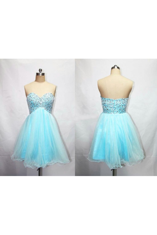 A-Line Sweetheart Beaded Short Blue Tulle Prom Evening Cocktail Dresses ED011189