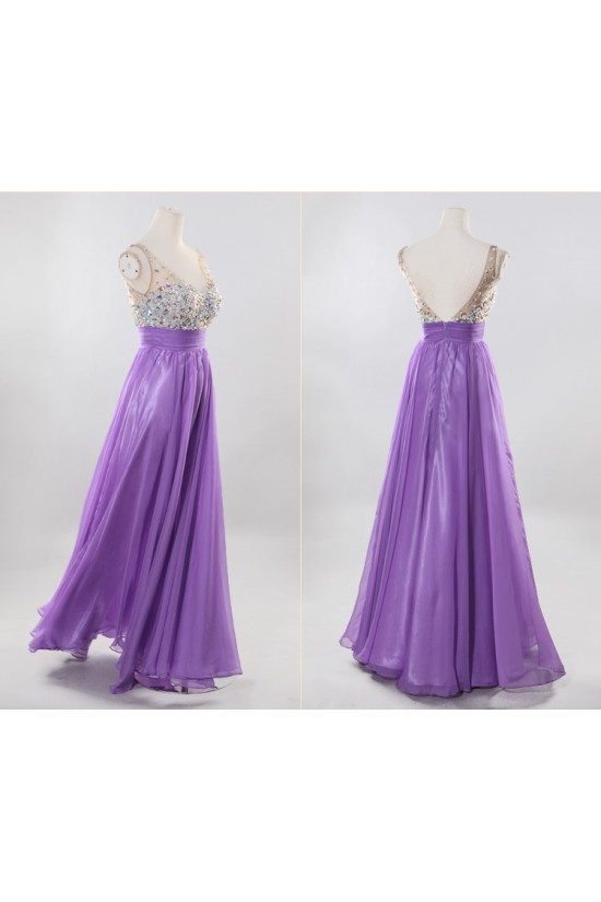 A-Line Beaded Long Blue Chiffon Prom Evening Formal Dresses ED011192