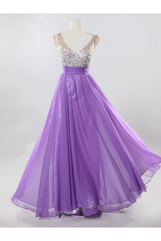A-Line Beaded Long Blue Chiffon Prom Evening Formal Dresses ED011192