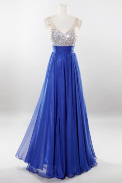 A-Line Beaded Long Blue Chiffon Prom Evening Formal Dresses ED011192