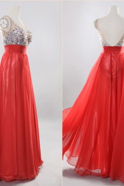 A-Line Beaded Long Red Chiffon Prom Evening Formal Dresses ED011193