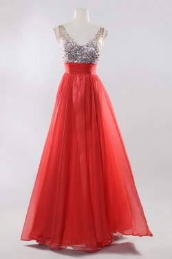 A-Line Beaded Long Red Chiffon Prom Evening Formal Dresses ED011193