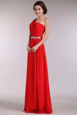 A-Line One-Shoulder Beaded Long Red Chiffon Prom Evening Formal Dresses ED011195