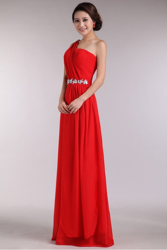 A-Line One-Shoulder Beaded Long Red Chiffon Prom Evening Formal Dresses ED011195