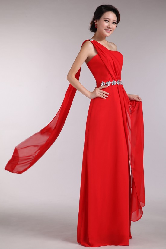 A-Line One-Shoulder Beaded Long Red Chiffon Prom Evening Formal Dresses ED011195