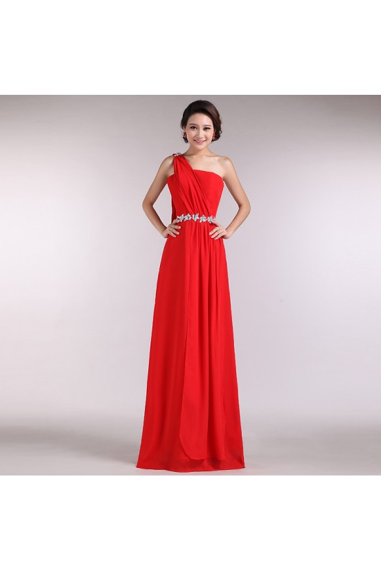 A-Line One-Shoulder Beaded Long Red Chiffon Prom Evening Formal Dresses ED011195
