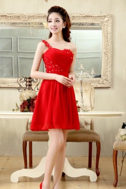 A-Line One-Shoulder Beaded Short Red Chiffon Prom Evening Formal Dresses ED011200