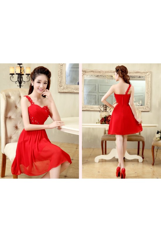 A-Line One-Shoulder Beaded Short Red Chiffon Prom Evening Formal Dresses ED011200