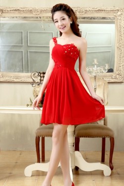 A-Line One-Shoulder Beaded Short Red Chiffon Prom Evening Formal Dresses ED011200