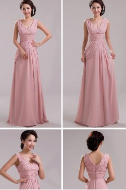 A-Line V-Neck Long Pink Chiffon Prom Evening Formal Bridesmaid Dresses ED011204