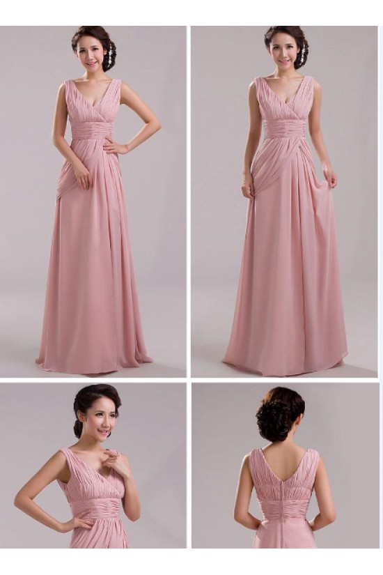 A-Line V-Neck Long Pink Chiffon Prom Evening Formal Bridesmaid Dresses ED011204