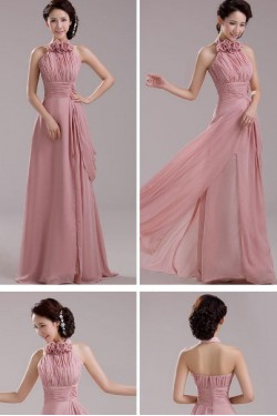 A-Line Halter Long Pink Chiffon Prom Evening Formal Dresses ED011206
