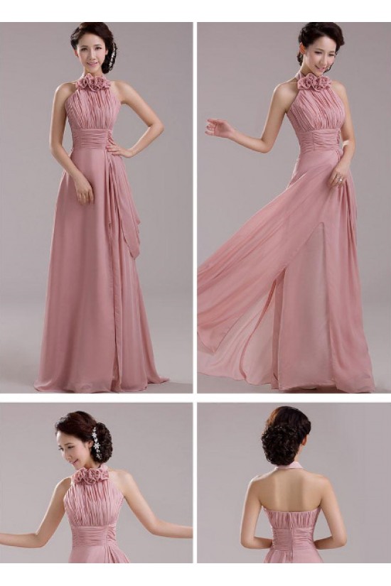 A-Line Halter Long Pink Chiffon Prom Evening Formal Dresses ED011206