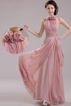 A-Line Halter Long Pink Chiffon Prom Evening Formal Dresses ED011206