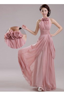 A-Line Halter Long Pink Chiffon Prom Evening Formal Dresses ED011206
