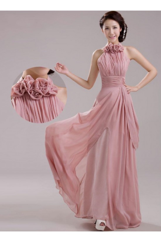 A-Line Halter Long Pink Chiffon Prom Evening Formal Dresses ED011206