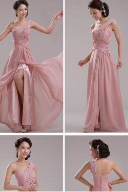 A-Line One-Shoulder Long Pink Chiffon Prom Evening Formal Dresses ED011207