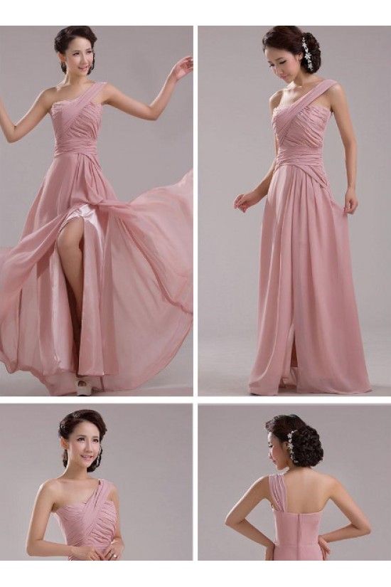 A-Line One-Shoulder Long Pink Chiffon Prom Evening Formal Dresses ED011207