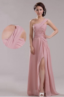 A-Line One-Shoulder Long Pink Chiffon Prom Evening Formal Dresses ED011207