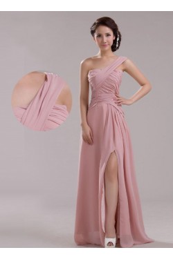 A-Line One-Shoulder Long Pink Chiffon Prom Evening Formal Dresses ED011207