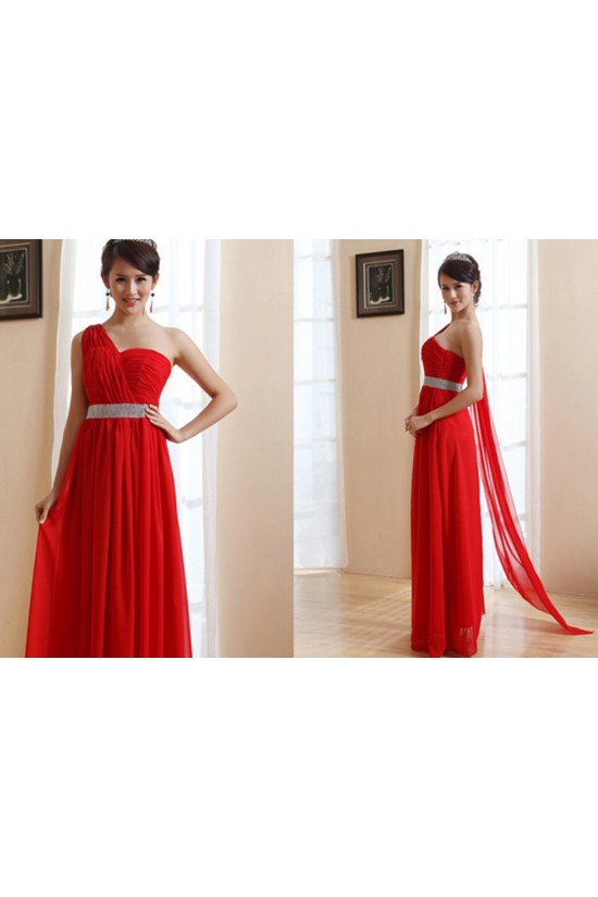 A-Line One-Shoulder Long Red Chiffon Prom Evening Bridesmaid Dresses ED011212