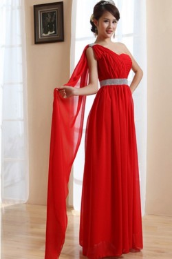 A-Line One-Shoulder Long Red Chiffon Prom Evening Bridesmaid Dresses ED011212