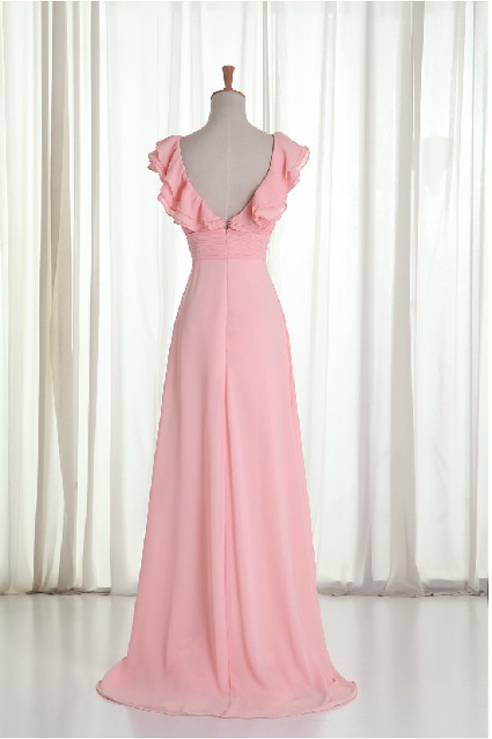 A-Line V-Neck Beaded Long Pink Chiffon Prom Evening Formal Dresses ED011215