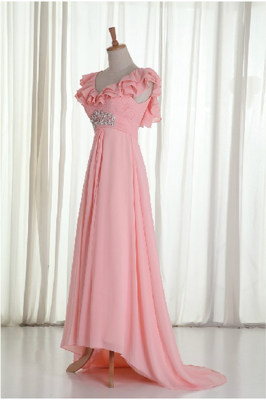 A-Line V-Neck Beaded Long Pink Chiffon Prom Evening Formal Dresses ED011215