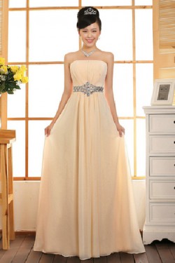 A-Line Strapless Beaded Long Chiffon Prom Evening Formal Dresses ED011218