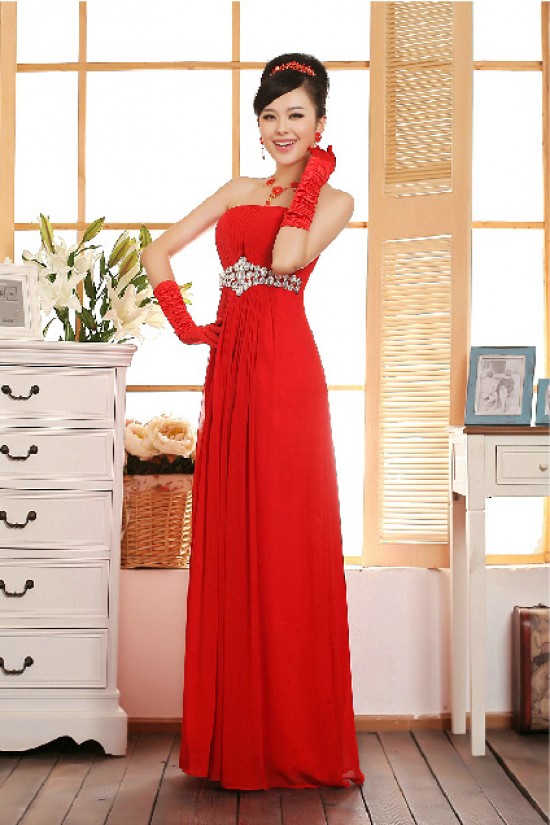 A-Line Strapless Beaded Long Chiffon Prom Evening Formal Dresses ED011218