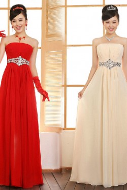 A-Line Strapless Beaded Long Chiffon Prom Evening Formal Dresses ED011218