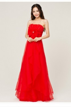 A-Line Strapless Beaded Long Red Prom Evening Formal Dresses ED011223