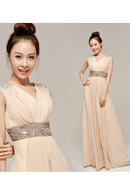 A-Line V-Neck Beaded Long Chiffon Prom Evening Formal Dresses ED011224