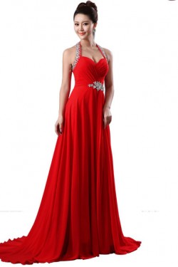 A-Line Halter Beaded Red Chiffon Prom Evening Formal Dresses ED011226