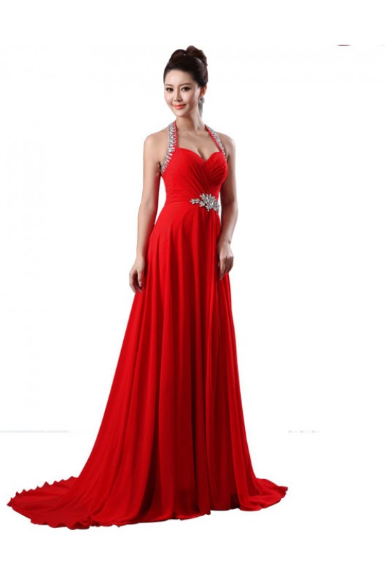 A-Line Halter Beaded Red Chiffon Prom Evening Formal Dresses ED011226