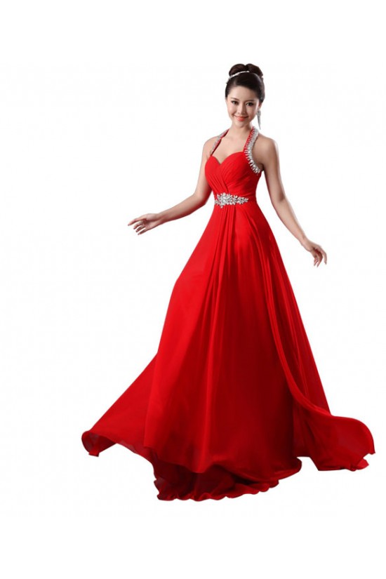 A-Line Halter Beaded Red Chiffon Prom Evening Formal Dresses ED011226