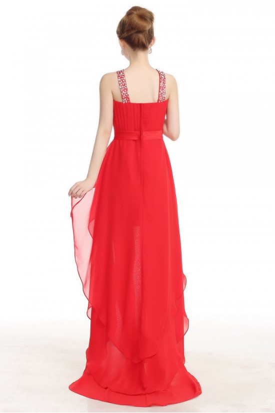 High Low Beaded Red Chiffon Prom Evening Formal Dresses ED011227