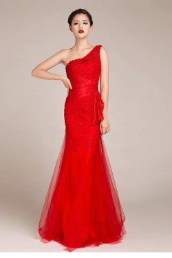 Trumpet/Mermaid One-Shoulder Beaded Long Red Prom Evening Formal Dresses ED011228