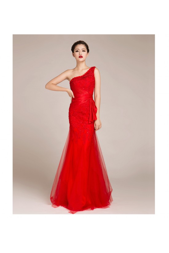 Trumpet/Mermaid One-Shoulder Beaded Long Red Prom Evening Formal Dresses ED011228