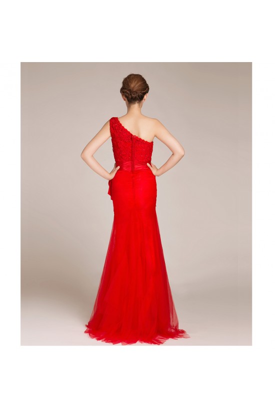 Trumpet/Mermaid One-Shoulder Beaded Long Red Prom Evening Formal Dresses ED011228