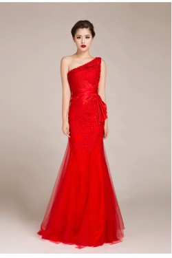 Trumpet/Mermaid One-Shoulder Beaded Long Red Prom Evening Formal Dresses ED011228