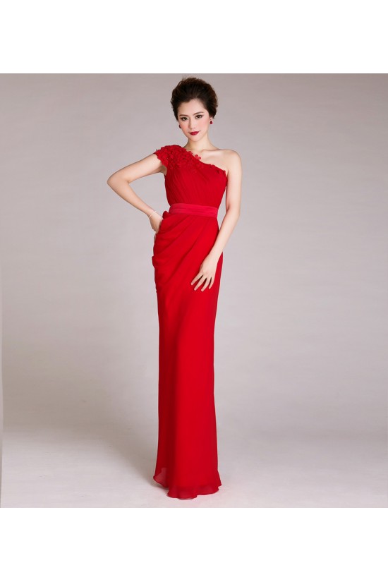Sheath One-Shoulder Long Red Chiffon Prom Evening Formal Dresses ED011229