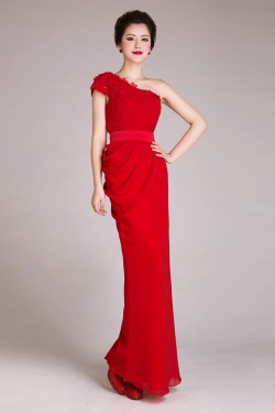 Sheath One-Shoulder Long Red Chiffon Prom Evening Formal Dresses ED011229
