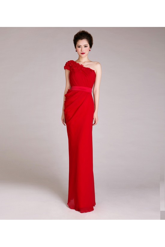 Sheath One-Shoulder Long Red Chiffon Prom Evening Formal Dresses ED011229