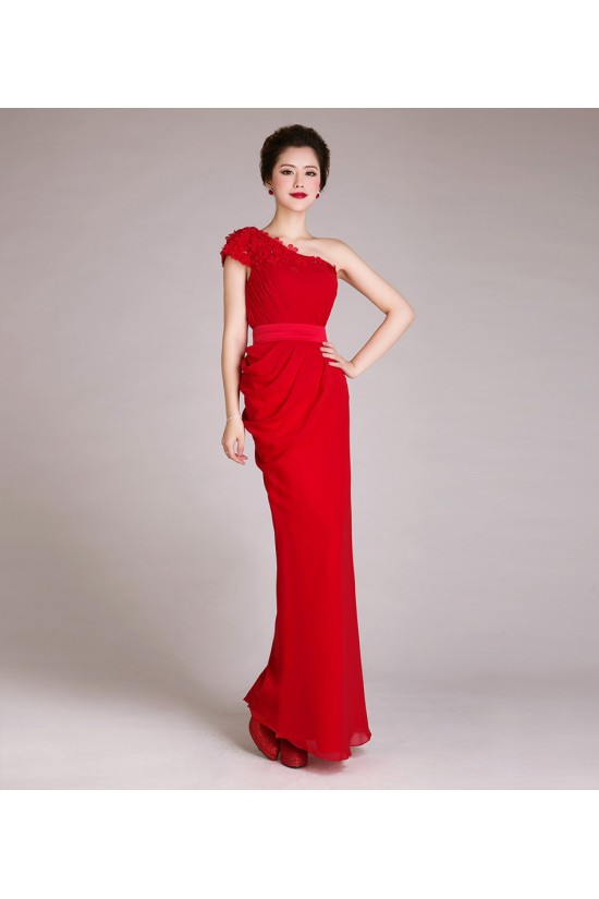 Sheath One-Shoulder Long Red Chiffon Prom Evening Formal Dresses ED011229