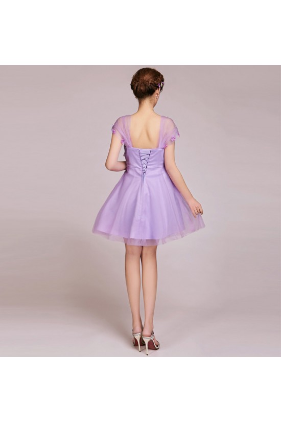 A-Line Cap-Sleeve Short Tulle Prom Evening Formal Bridesmaid Dresses ED011234