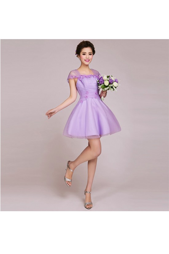 A-Line Cap-Sleeve Short Tulle Prom Evening Formal Bridesmaid Dresses ED011234