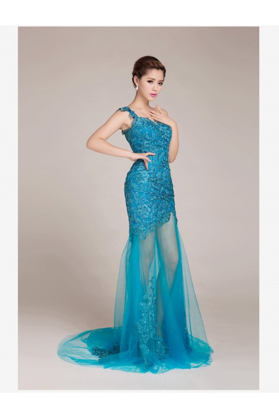 One-Shoulder Long Blue Prom Evening Formal Dresses ED011238