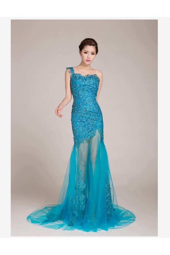 One-Shoulder Long Blue Prom Evening Formal Dresses ED011238