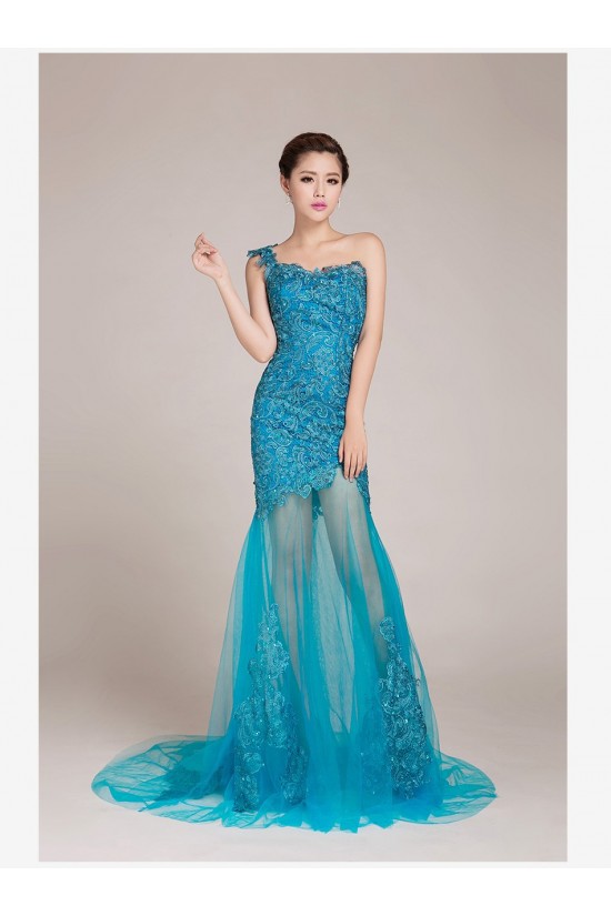 One-Shoulder Long Blue Prom Evening Formal Dresses ED011238